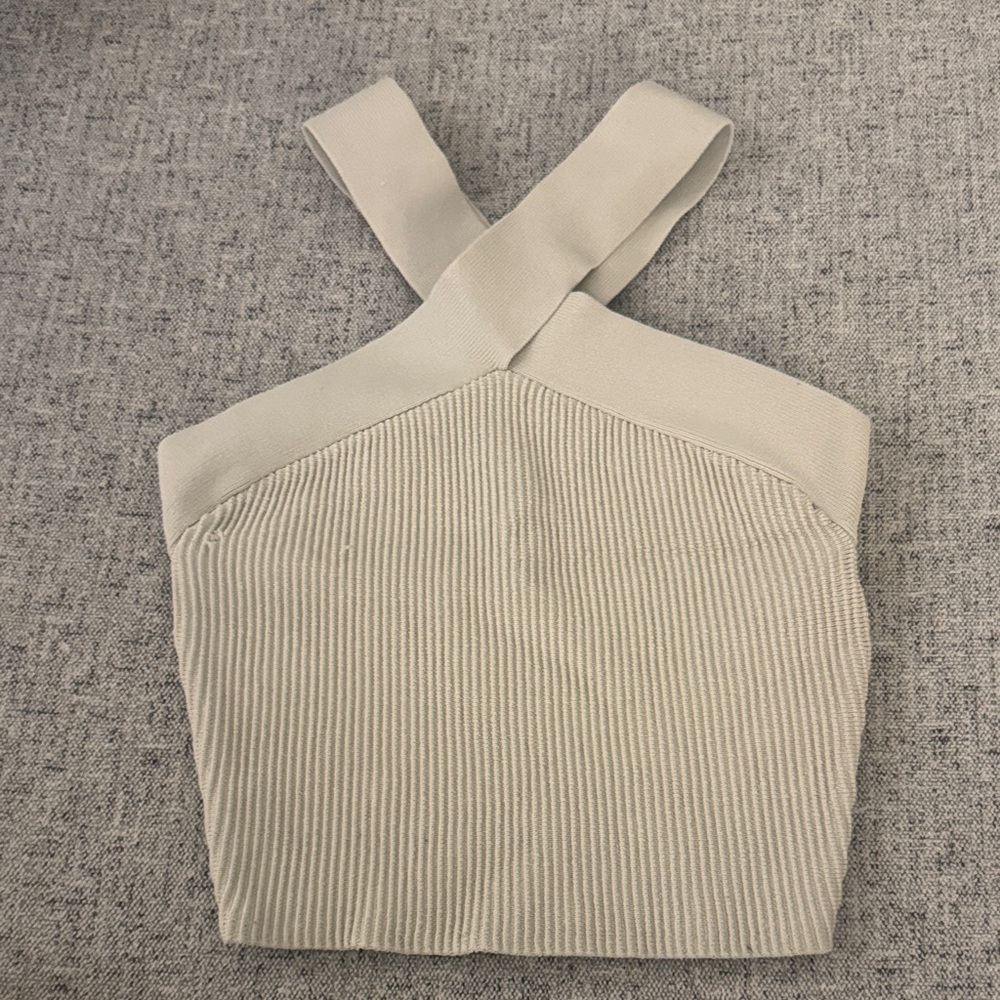 Babaton Women's Cream Ribbed Cross-Strap Crop Top